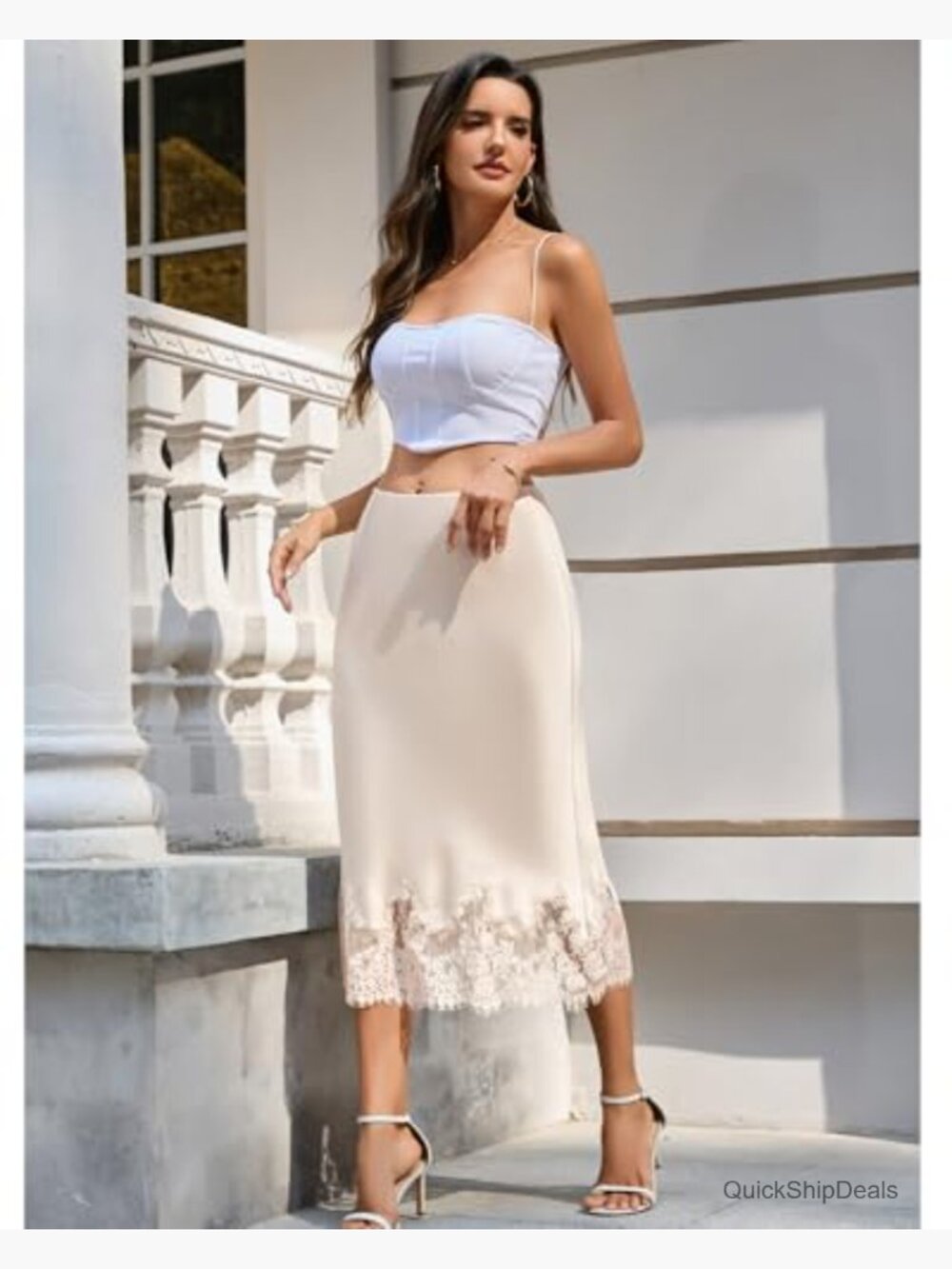 Satin Midi Skirt with Lace Trim, A-Line Elastic Waist for Work or Party - Picture 4 of 7